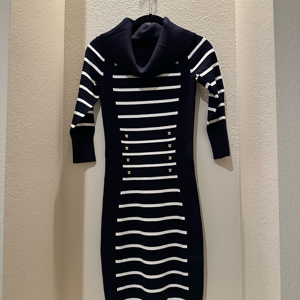 Cache Black and White Striped Long Sleeve Dress